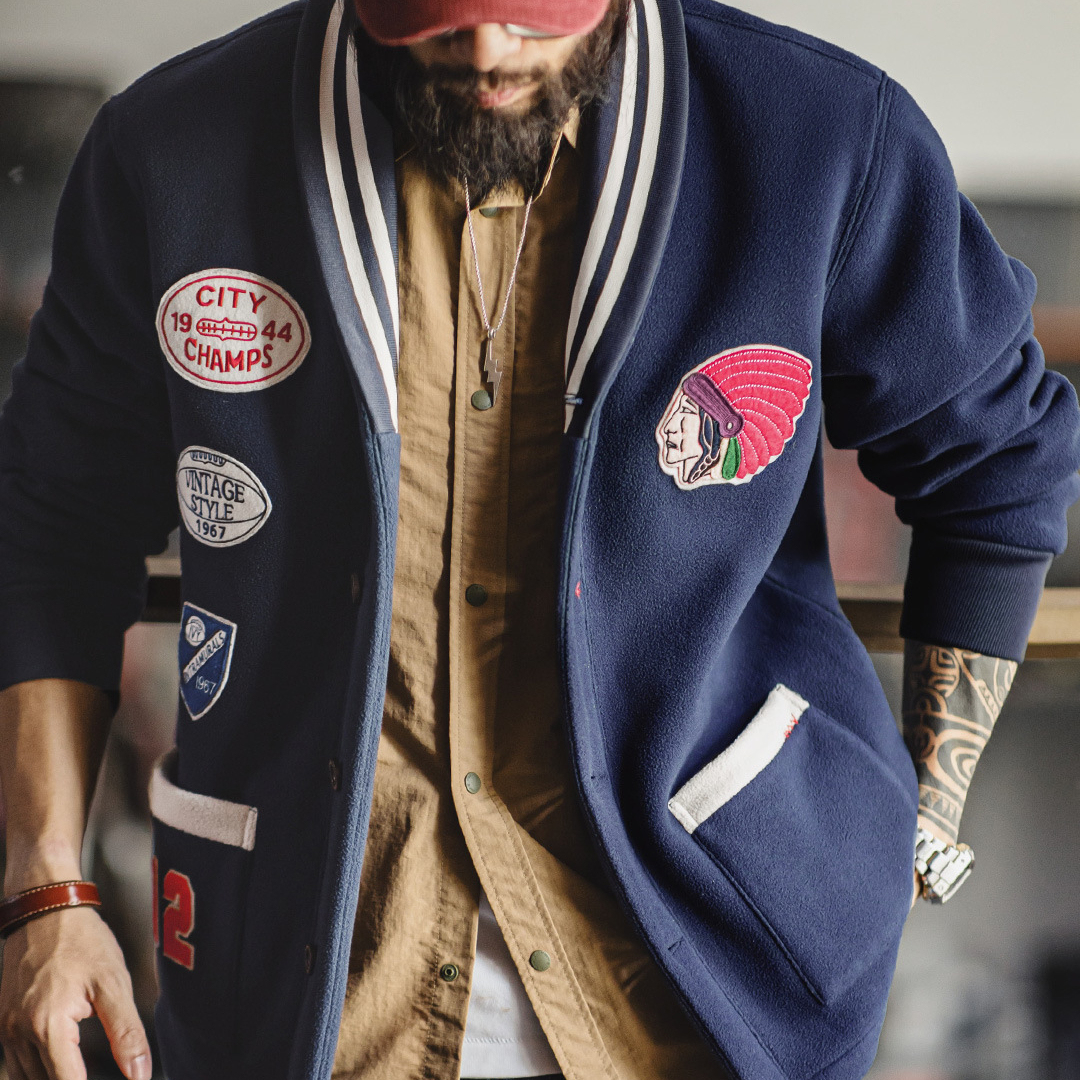 馬登工裝 美式復古青果領開衫搖粒絨夾克保暖棒球服外套男秋冬