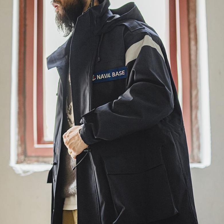 馬登工裝 美式復古中長款海軍派克風衣寬鬆防風連帽夾克外套男秋冬