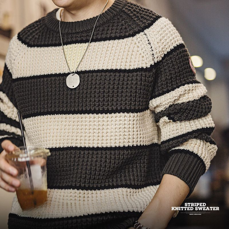 馬登工裝 美式復古撞色鳳梨條紋毛衣肌理感套頭圓領打底針織衫秋冬