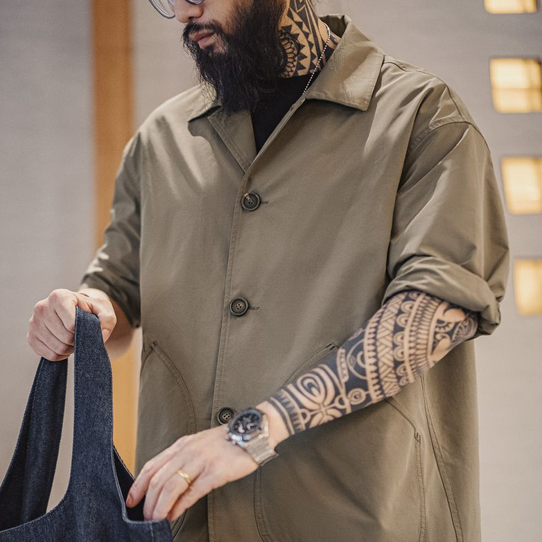 馬登工裝 法式復古斜插口袋工裝夾克薄款梭織翻領休閒廓形外套男春