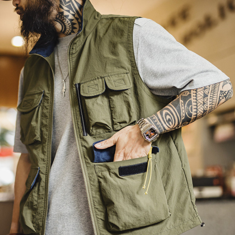 馬登工裝 美式山系戶外馬甲軍綠色Gorpcore輕薄工裝背心徒步外套男春