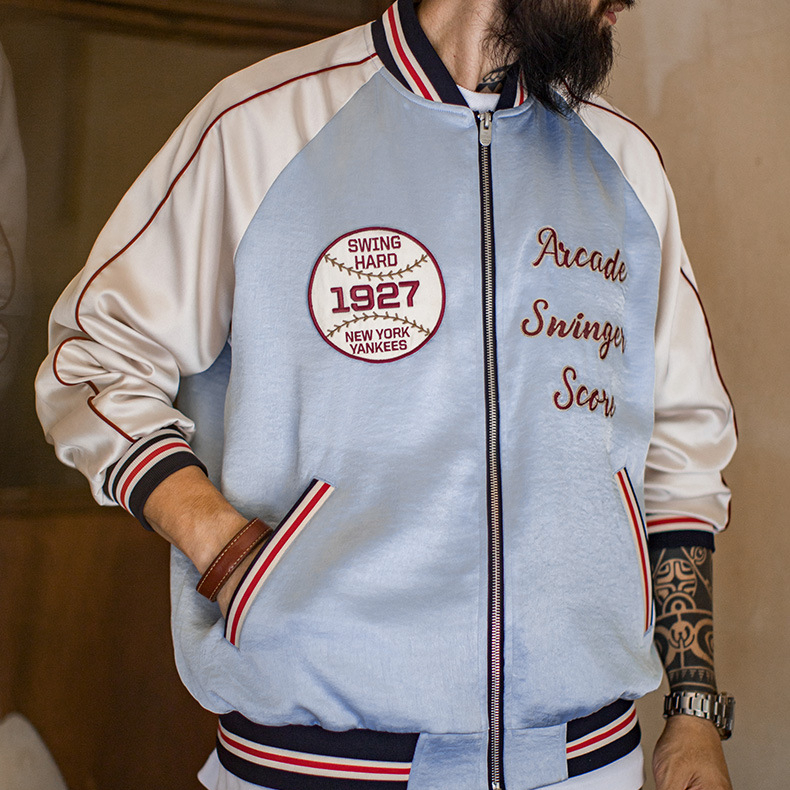 馬登工裝 美式復古刺繡橫須賀棒球服夾克拼色痞帥缎面外套男春秋