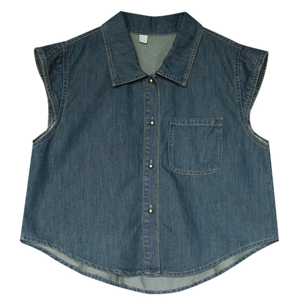 牛仔深藍色百搭簡約氣質復古設計感無袖襯衫女時尚上衣