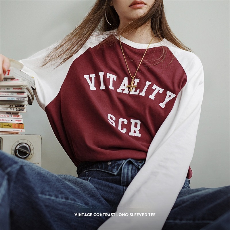 馬登女裝 美式酒紅色插肩長袖衛衣T恤撞色純棉寬鬆打底衫春秋