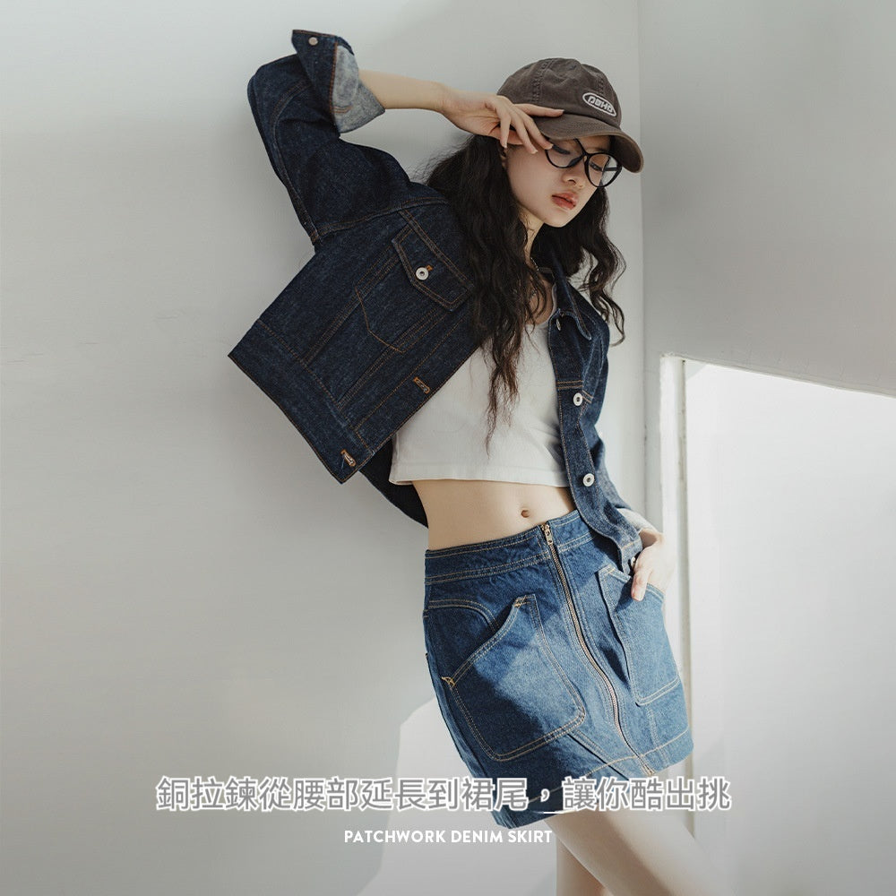 馬登女裝 復古拼接牛仔短裙修身百搭拉鍊設計感牛仔藍A字半身短裙