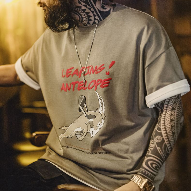 馬登工裝 美式復古立體刺繡T恤發泡印花重磅螺紋領口短袖男春夏