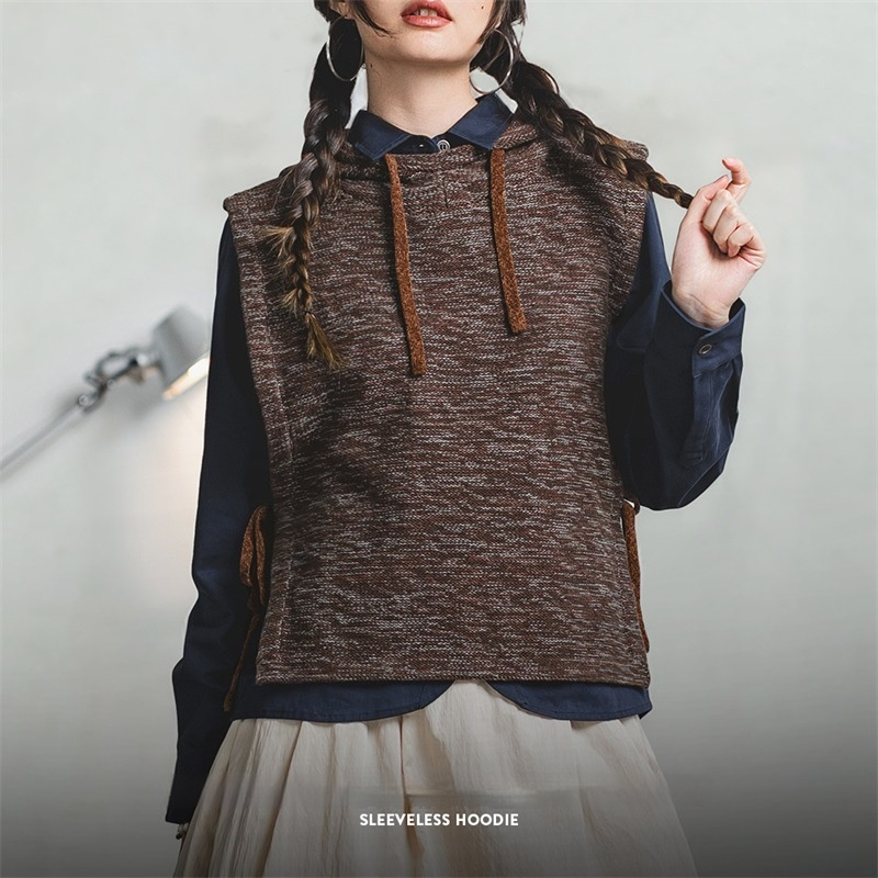 馬登女裝 連帽針織馬甲背心休閒百搭疊穿毛衣慵懶風無袖帽衫上衣秋