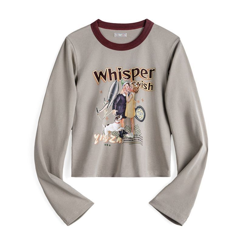 馬登女裝 復古插畫滾邊RingerT恤卡其綠美式機車印花長袖上衣春秋