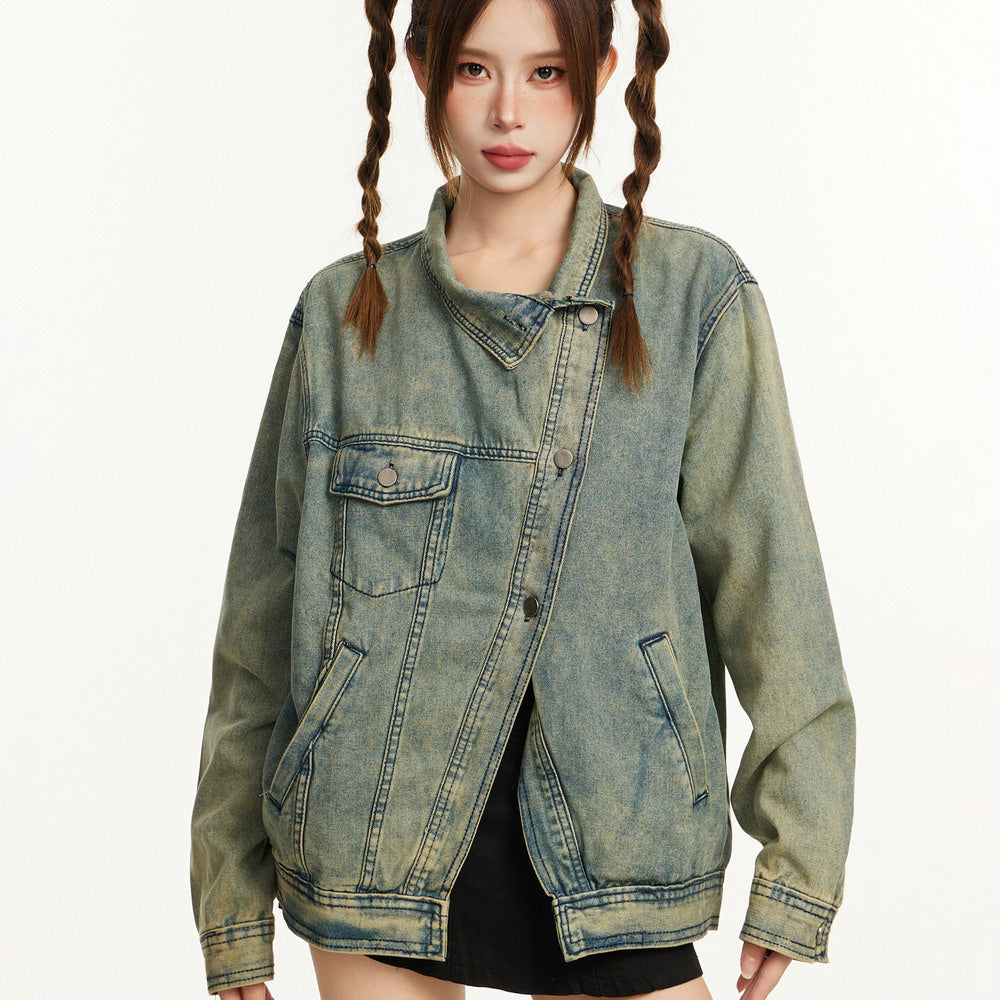 美式復古水洗做舊牛仔外套女秋冬寬鬆重磅工裝翻領開衫夾克