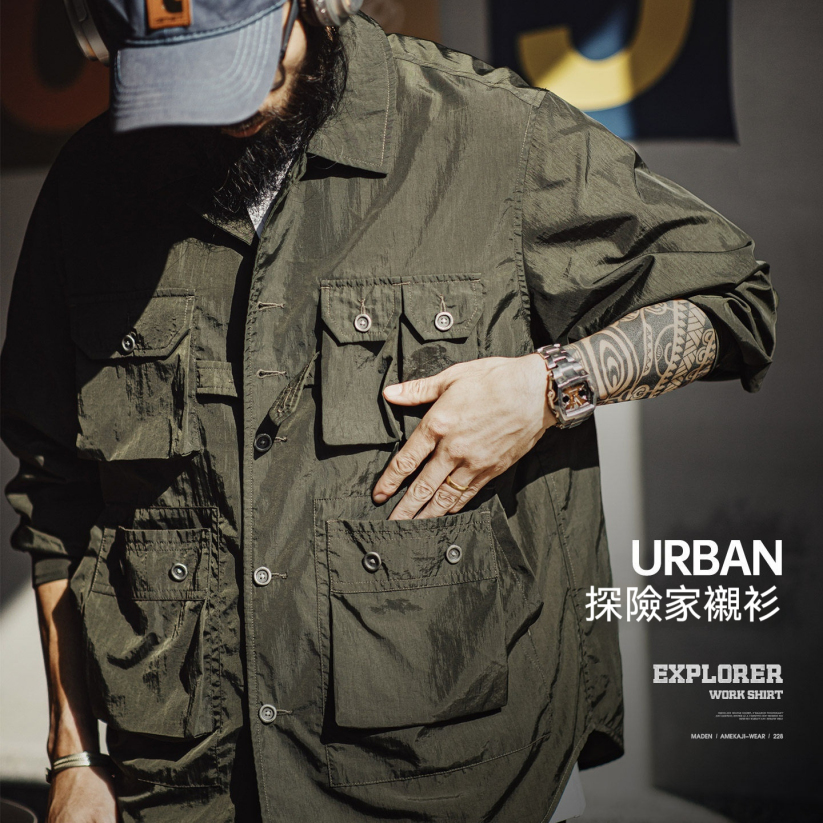 馬登工裝 美式復古獵裝襯衫薄款梭織多口袋軍綠色長袖襯衫外套男春