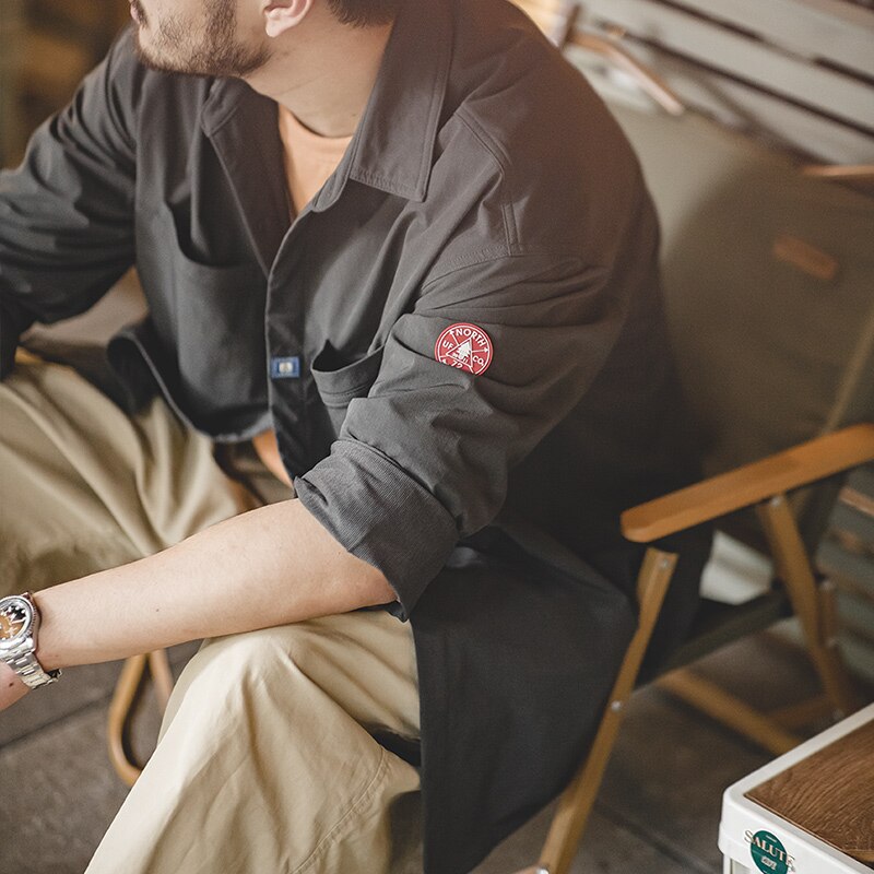 馬登工裝 山系深灰口袋襯衫美式休閒寬鬆長袖襯衫疊穿外套