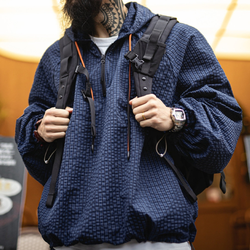 馬登工裝 美式半拉鍊連帽衛衣肌理感泡泡紗藍色戶外薄款外套男春季