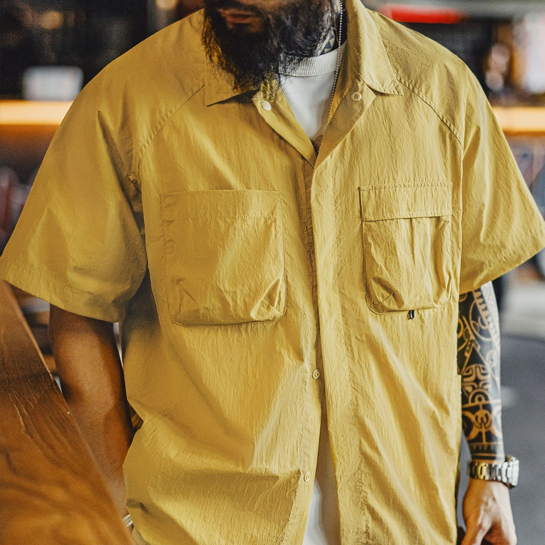 馬登工裝 山系戶外短袖襯衫速幹黃色肌理感薄款日系口袋襯衣男款夏