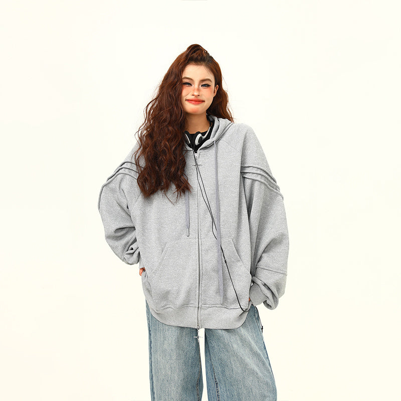 早秋衛衣外套小眾高級感拉鏈外套寬鬆灰色慵懶情侶上衣