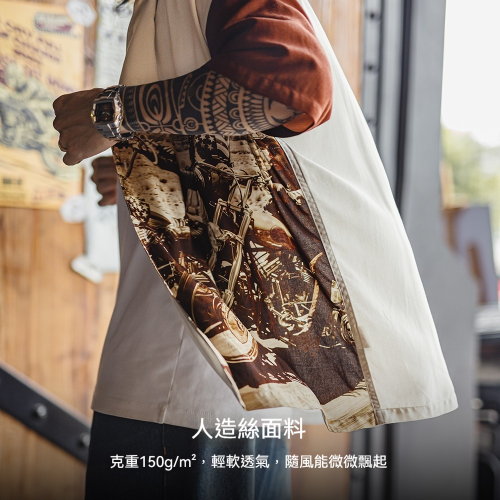 馬登工裝 美式復古撞色古巴領襯衫垂感滿印花襯衣薄款短袖外套男夏