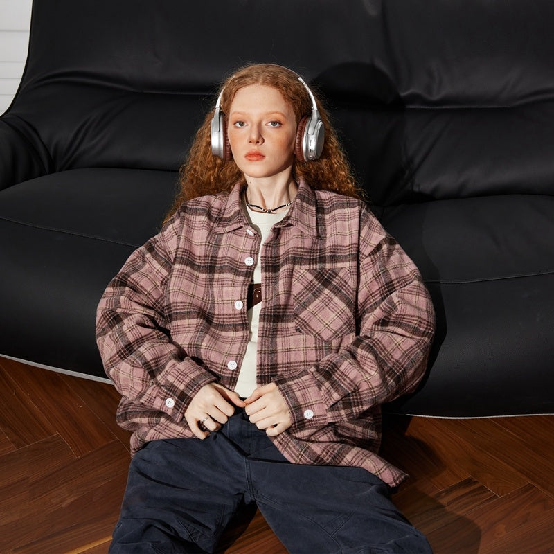 美式復古粉色格子長袖襯衫女秋寬鬆休閒慵懶襯衣外套