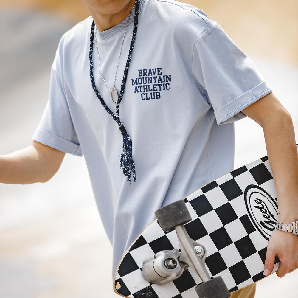 馬登工裝 美式休閑馬卡龍色短袖T恤植絨字母印花全棉圓領Tee