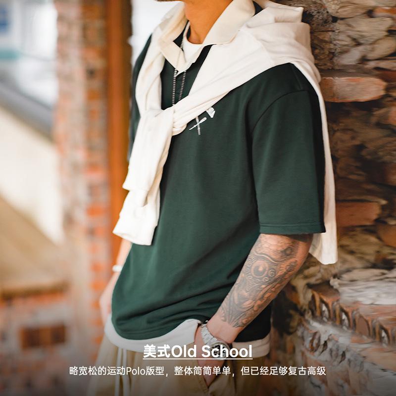 馬登工裝 撞色Polo領短袖美式刺繡學院風翻領半袖T卹打底衫