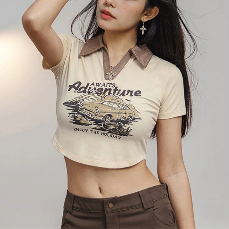 馬登女裝 復古印花Polo衫露腰短款正肩短袖修身顯瘦T恤辣妹鎖骨上衣