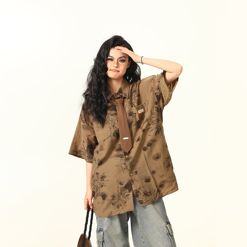 古著感領帶短袖襯衫女美式復古個性寬鬆潮牌夏季度假襯衣