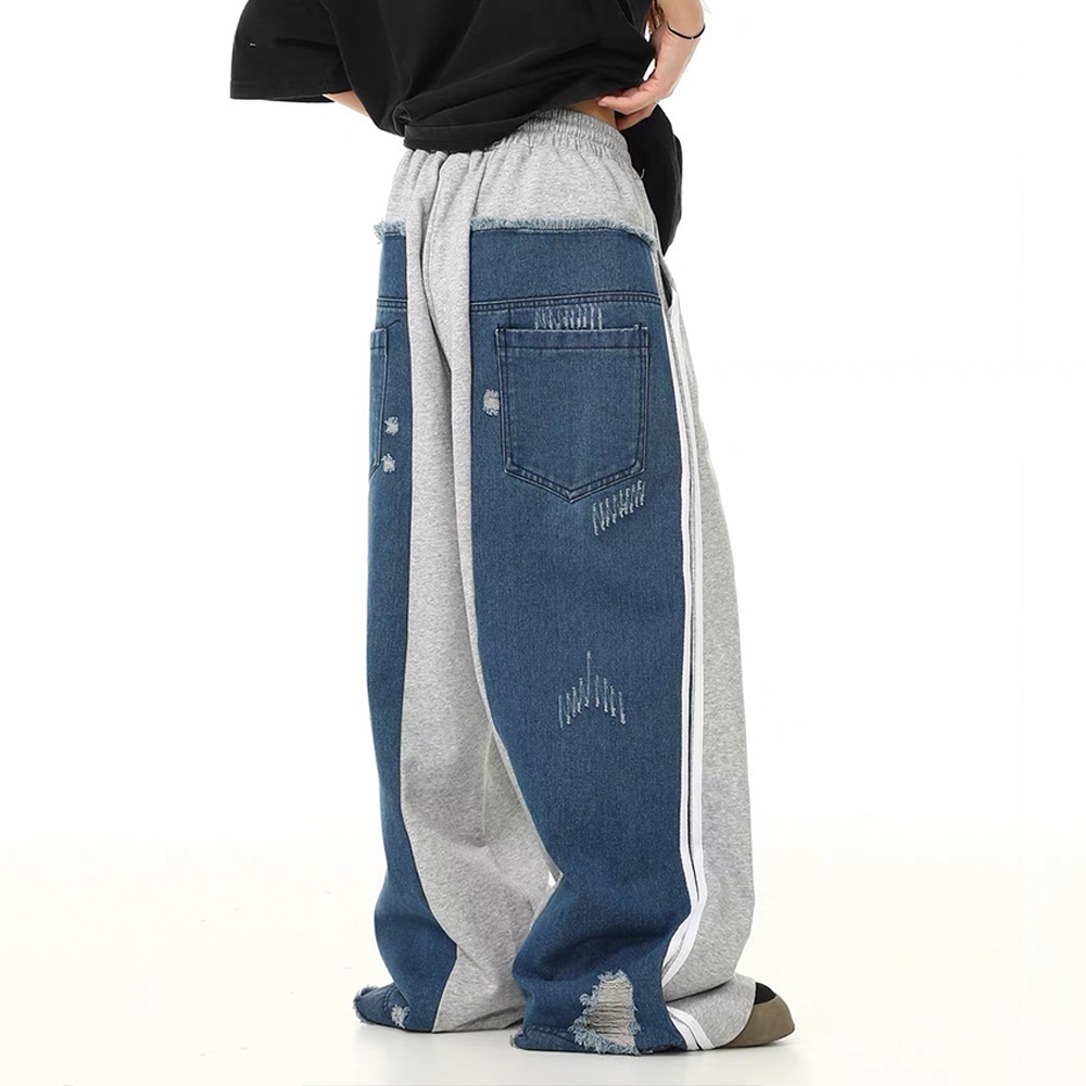 小眾設計感牛仔布拼接寬鬆闊腿休閒褲男女直筒鬆緊腰長褲