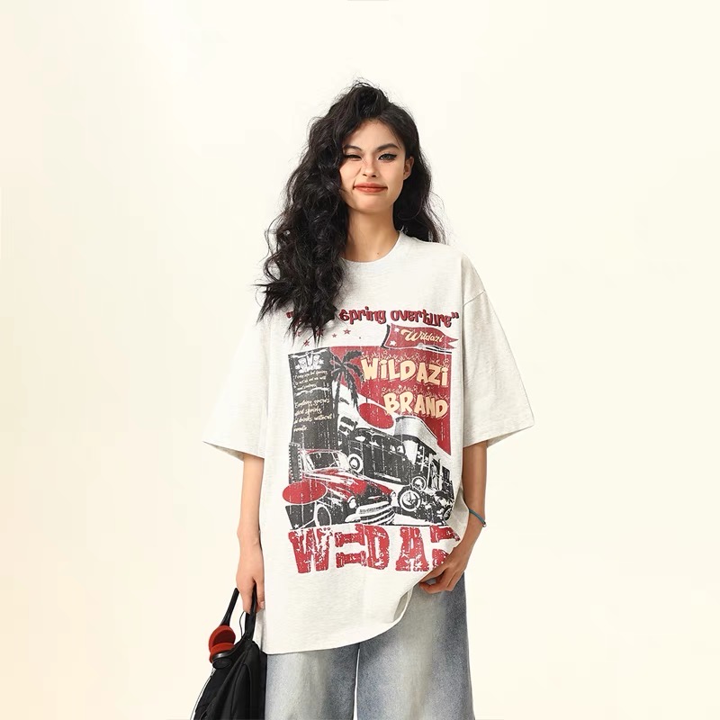 美式復古Vintage短袖T恤女小眾印花新款潮流情侶上衣