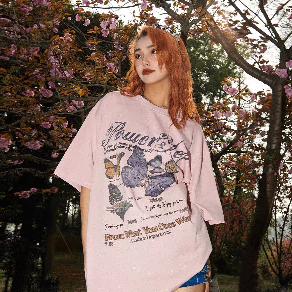 美式復古純棉蝴蝶短袖T恤女寬鬆BF設計感小眾潮牌上衣