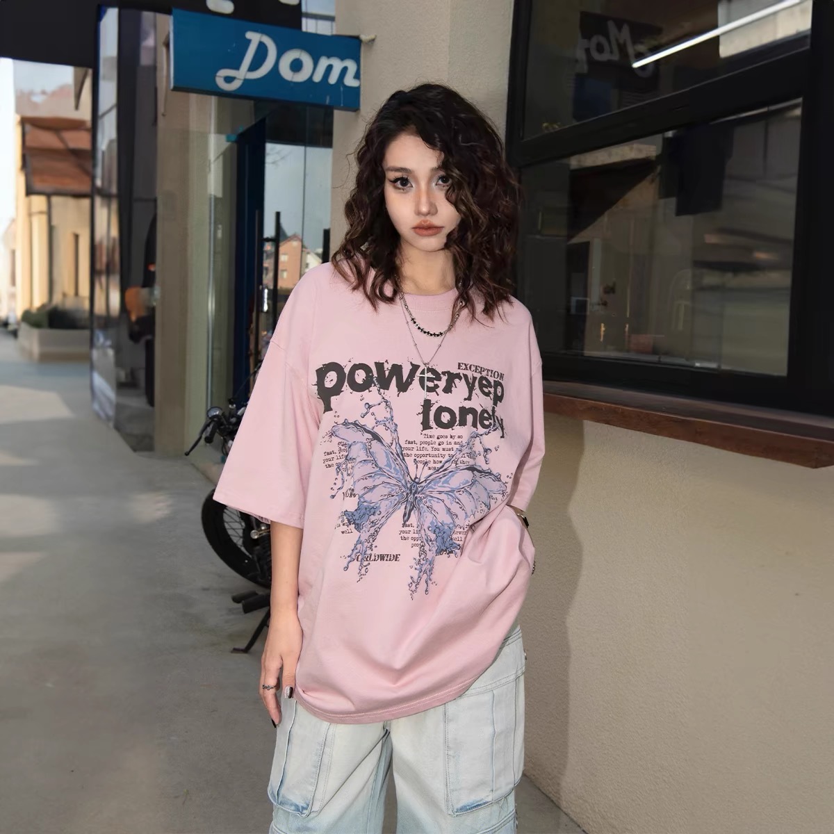 蝴蝶印花短袖T恤女復古潮牌寬鬆情侶裝上衣