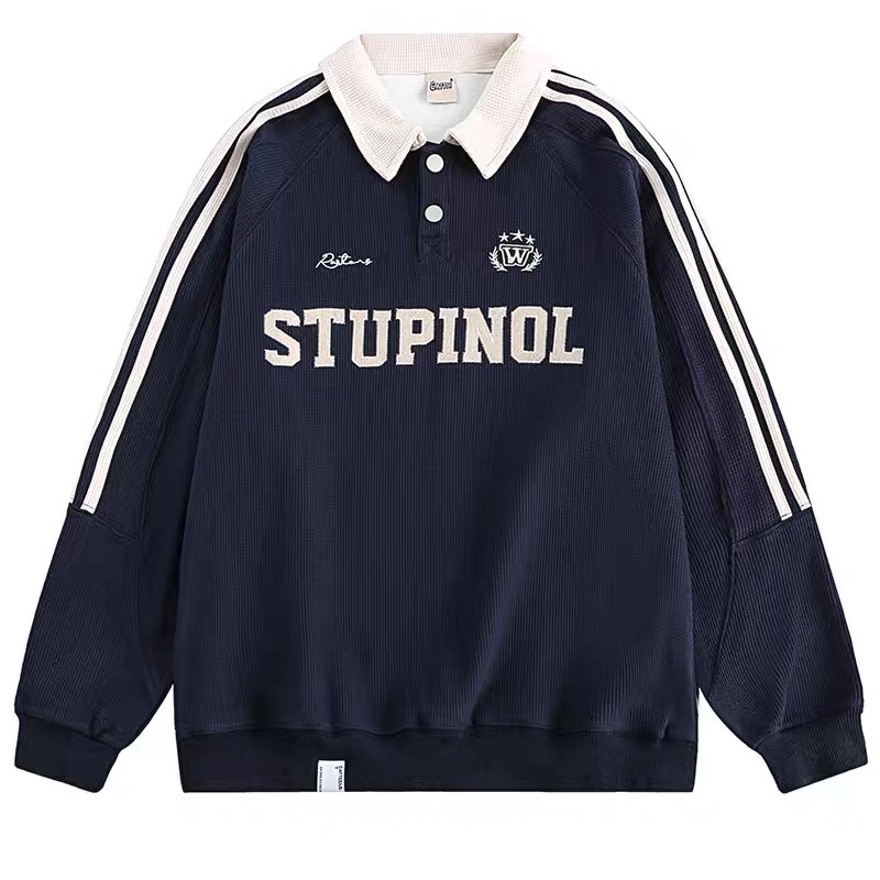 美式復古街頭重磅休閒衛衣學院風Polo領寬鬆情侶上衣