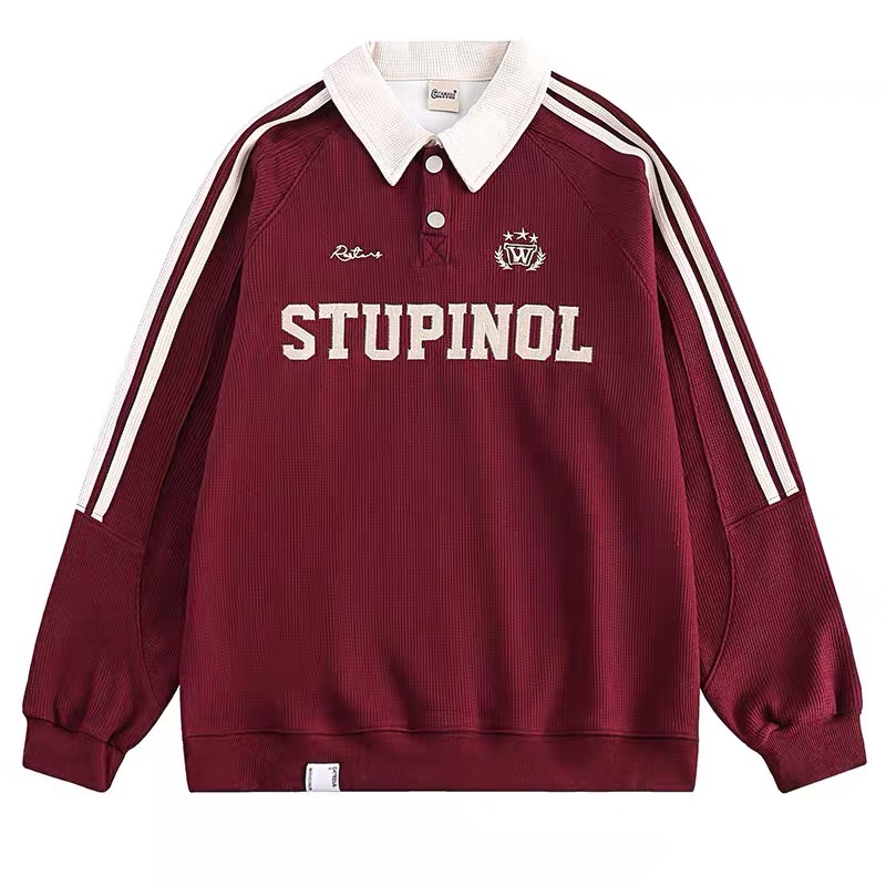 美式復古街頭重磅休閒衛衣學院風Polo領寬鬆情侶上衣