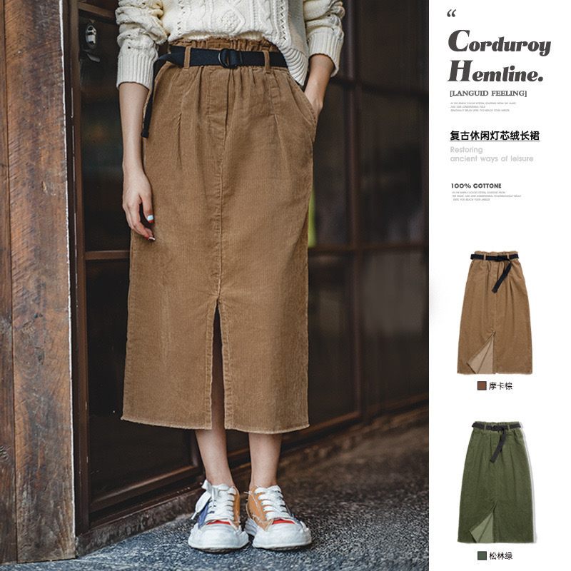 馬登女裝 復古燈芯絨口袋工裝半身裙純棉鉛筆裙腰帶直筒裙