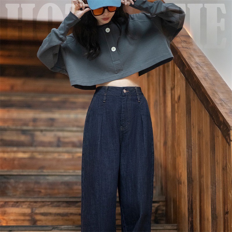 馬登女裝 美式復古水洗藍牛仔闊腿褲直筒休閒高腰顯瘦瀑布褲