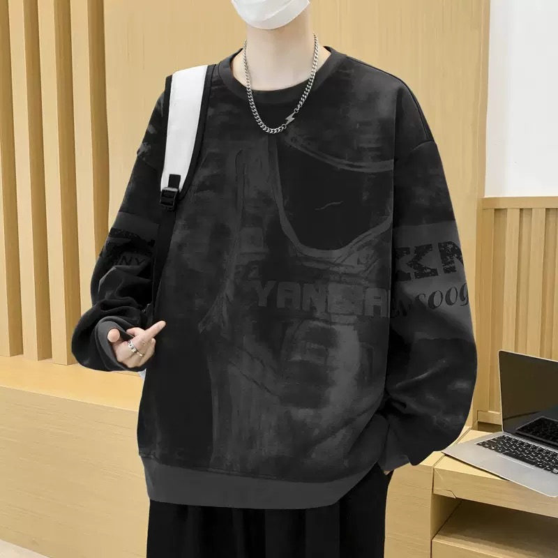 復古潮流迪桑羅紋個性圖案滿印設計感衛衣秋季男士寬鬆長袖套頭衫
