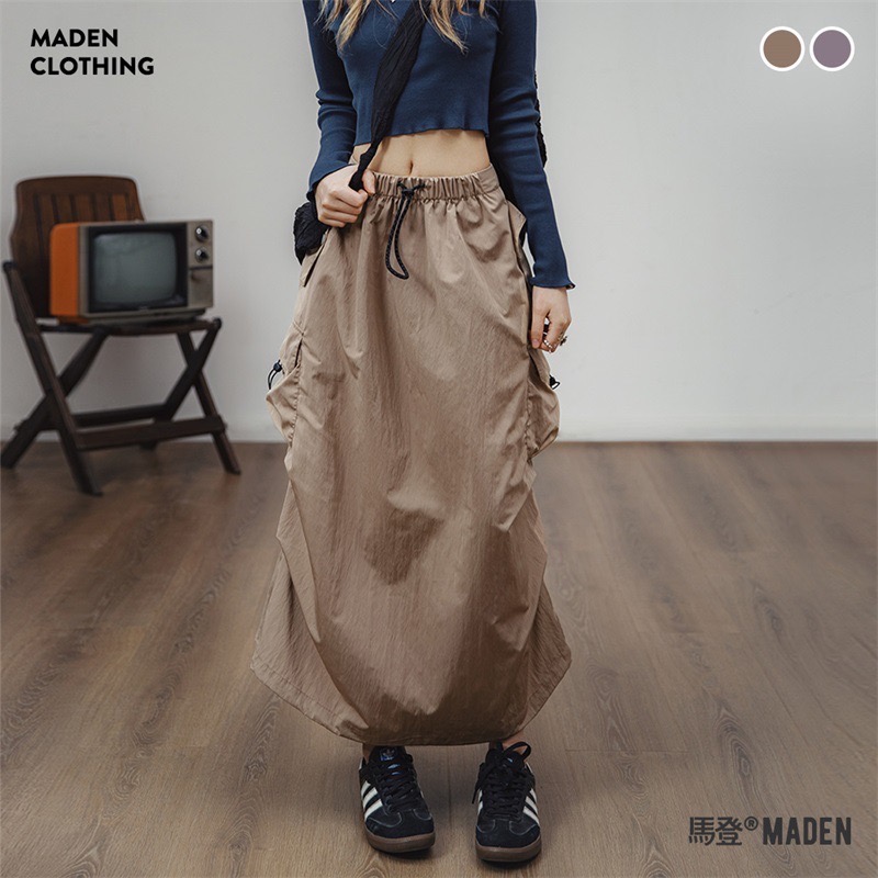 馬登女裝 復古工裝A字裙多口袋綁帶抽褶裙子顯瘦中腰半身長裙