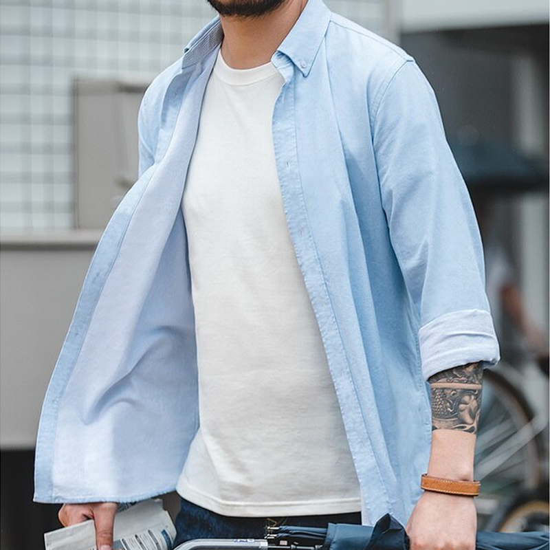 馬登工裝 美式復古磨毛牛津紡襯衫商務休閒打底內穿長袖上衣男襯衣