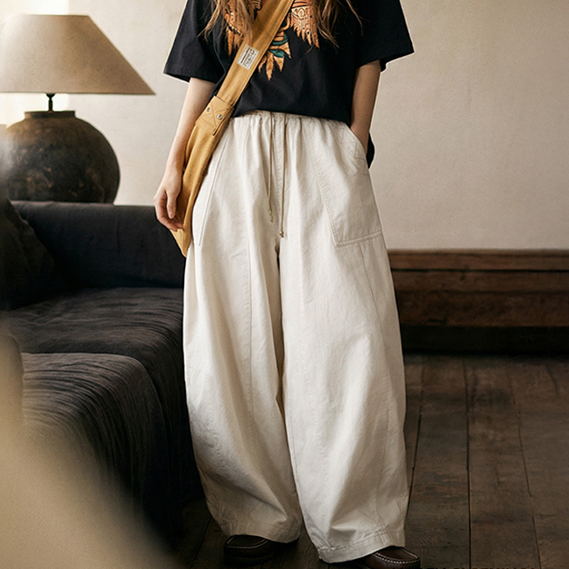 馬登女裝 夏日鬆弛感卡其色老錢風闊腿氣球褲復古工裝梨型顯瘦山本褲