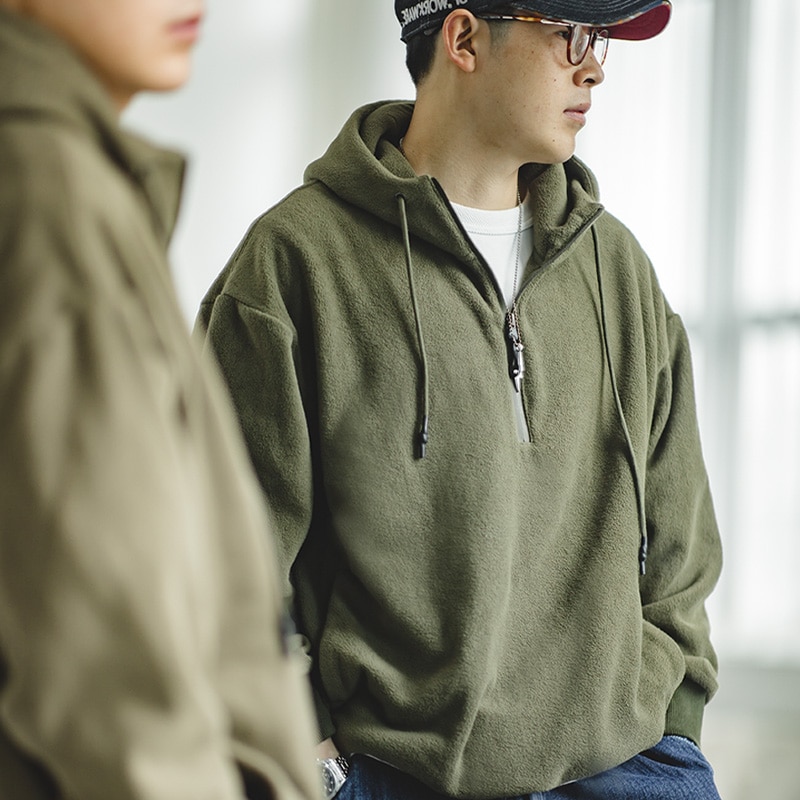 馬登工裝 復古半拉鏈抓絨衛衣保暖加絨美式套頭帽衫外套