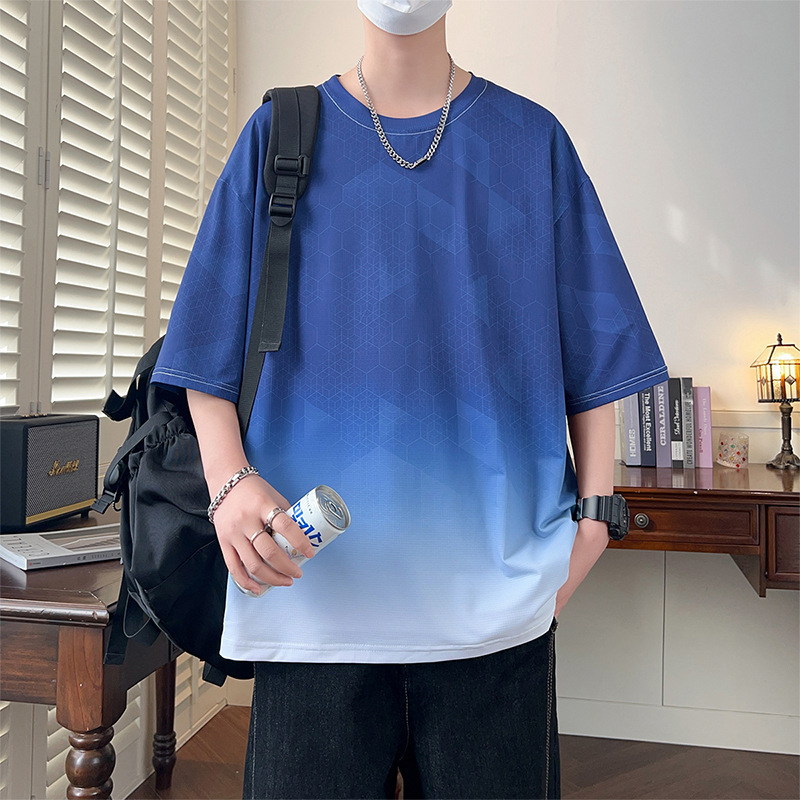 冰絲涼感速乾印花T恤透氣抗皺耐磨親膚漸變色菱形圖案短袖上衣
