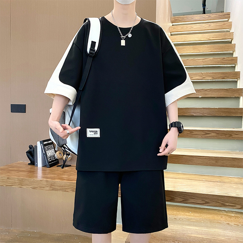 拼色潮流簡約寬鬆假兩件休閒帥氣短袖短褲套裝