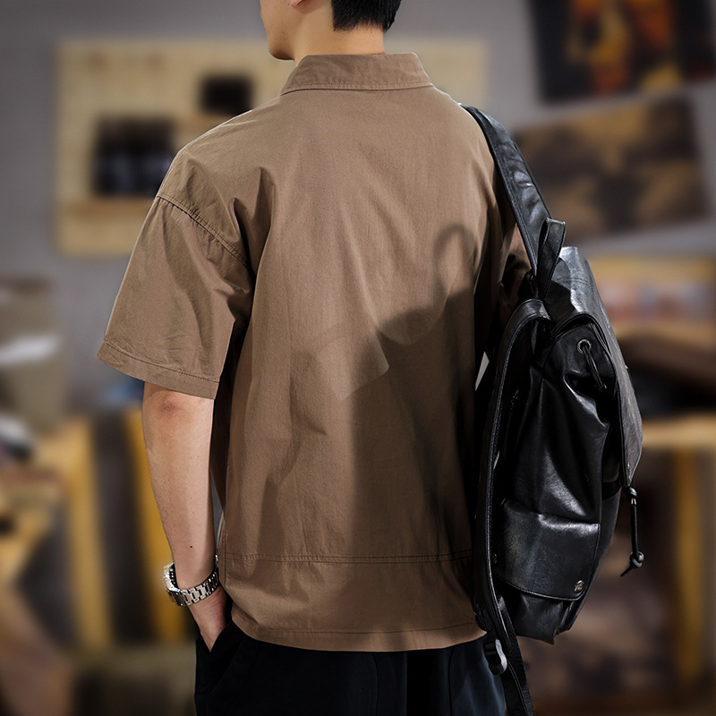美式潮牌痞帥工裝Polo衫襯衣夏季戶外棉款輕薄休閒短袖襯衫