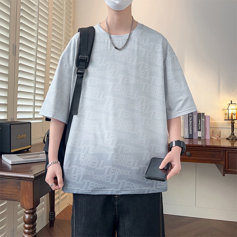 冰絲涼感速乾印花T恤透氣抗皺耐磨親膚漸變色字母印花短袖上衣