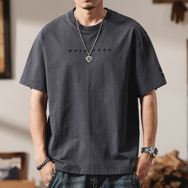 夏季重磅水洗做舊短袖T恤寬鬆潮牌字母刺繡T恤純棉圓領上衣