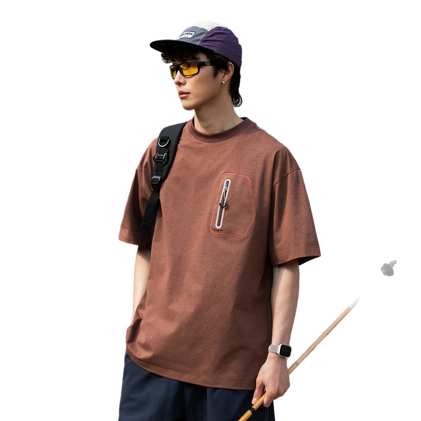 拉鏈口袋設計透氣短袖T卹戶外休閒運動速乾上衣