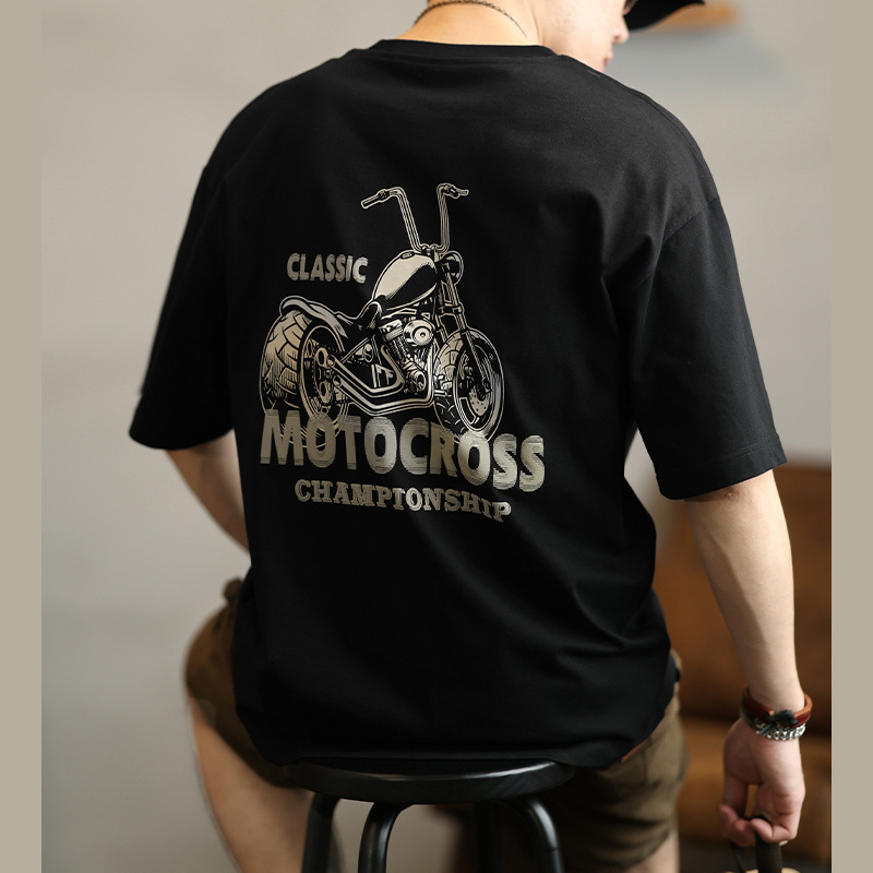 美式復古經典機車印花重磅棉款短袖T恤夏季寬鬆圓領上衣