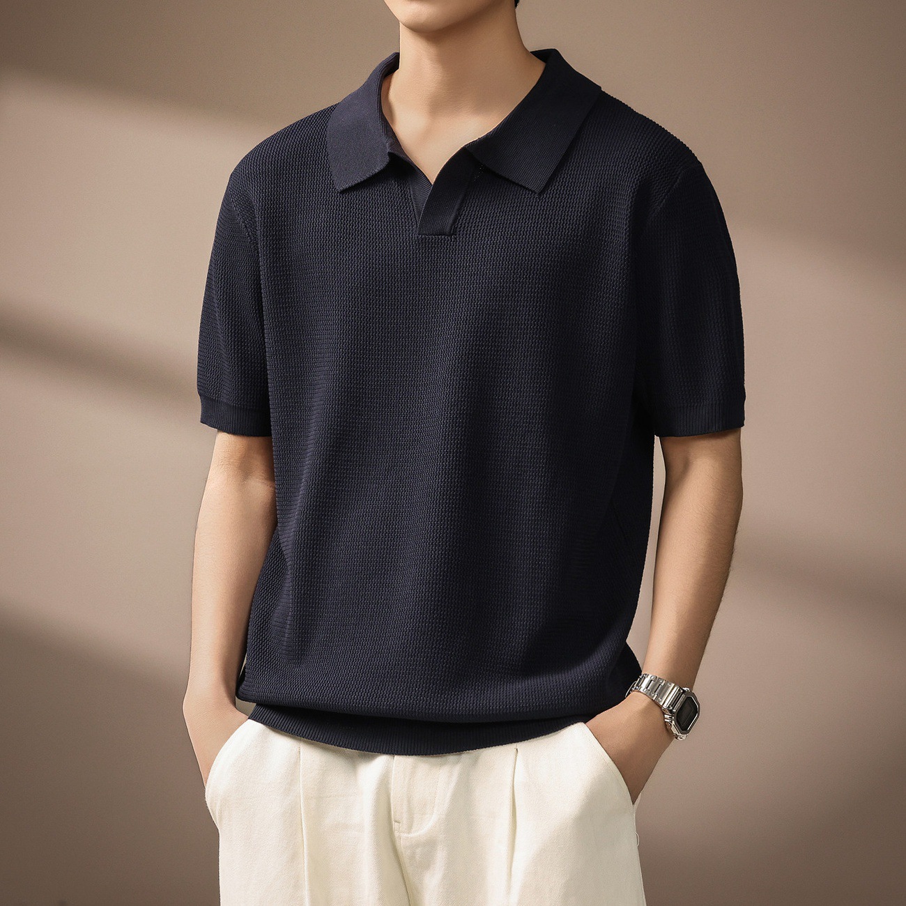 高端美式海鷗領菠蘿紋Polo衫夏季簡約老錢風透氣短袖T恤