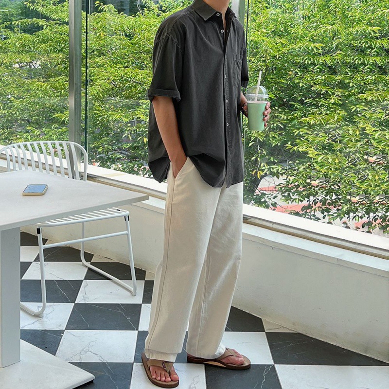 簡約純色短袖襯衫寬鬆休閒襯衣韓版潮流翻領半袖上衣