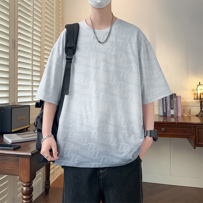 冰絲涼感速乾印花T恤透氣抗皺耐磨親膚漸變色字母印花短袖上衣