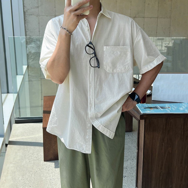 簡約純色短袖襯衫寬鬆休閒襯衣韓版潮流翻領半袖上衣
