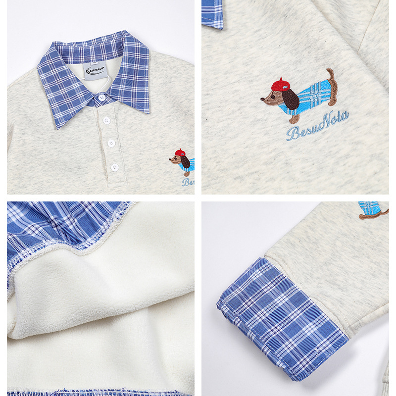 美式復古格紋拼接Polo領加絨衛衣學院風襯衫拼接假兩件情侶套頭上衣