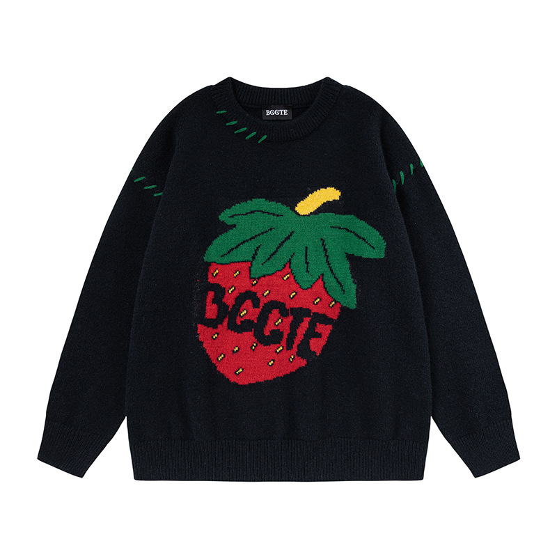美式甜酷草莓提花針織衫慵懶風軟糯寬鬆情侶毛衣
